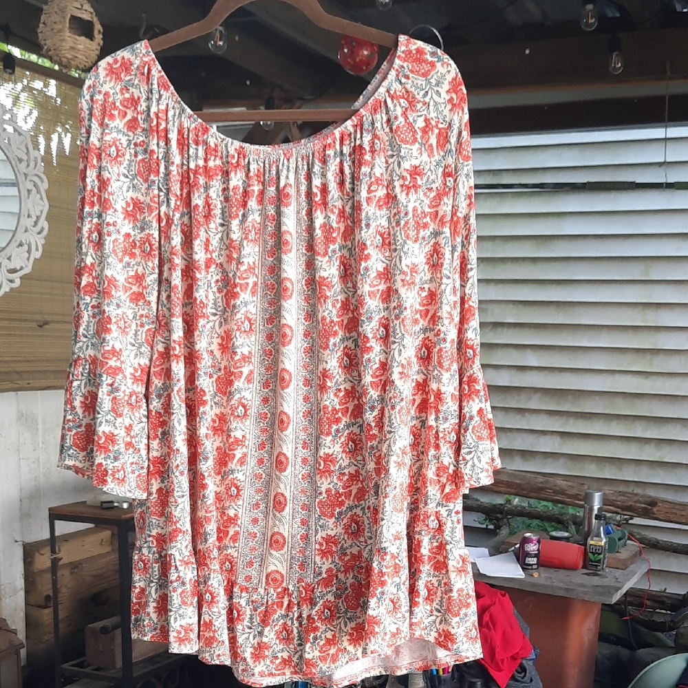 Style & Co. Red and Cream Ruffled 3/4 Sleeve Tunic